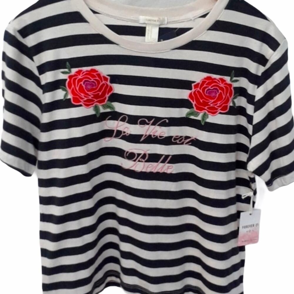 Forever 21 Striped Rose Embroidered Top NWT Y2K Goth Grunge Whimsical